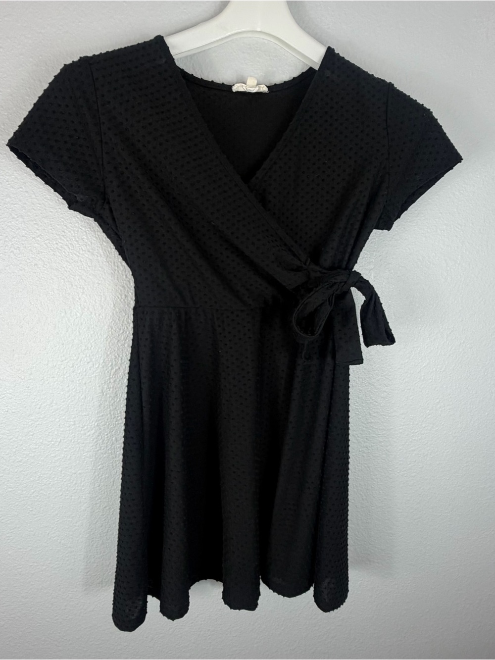 Rolla Coster Black Swiss Dot Wrap Dress Size L Tie Waist Fit & Flare